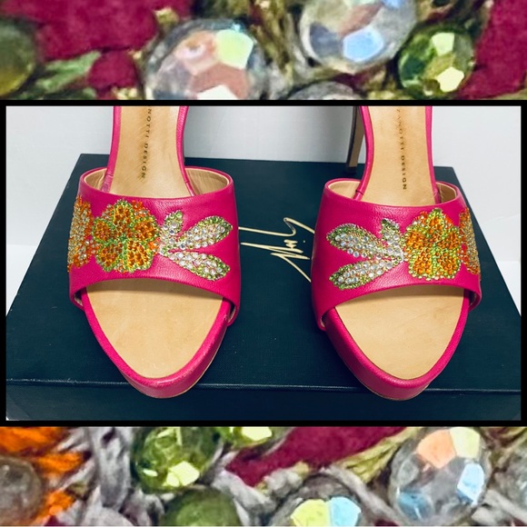 Giuseppe Zanotti Fuschia Pink Leather Floral Crystal Stiletto Mule Slide Shoe 9B - Picture 9 of 10